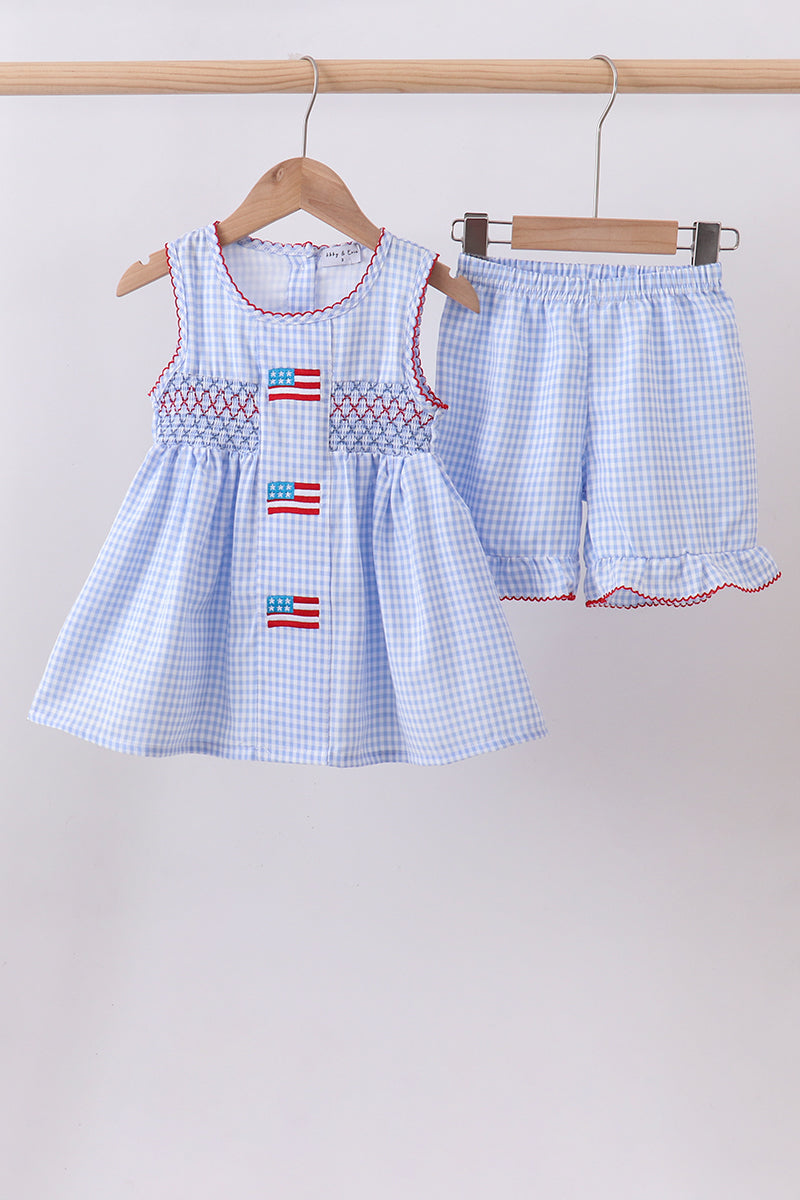 Blue flag smocked woven gingham ruffle shorts set