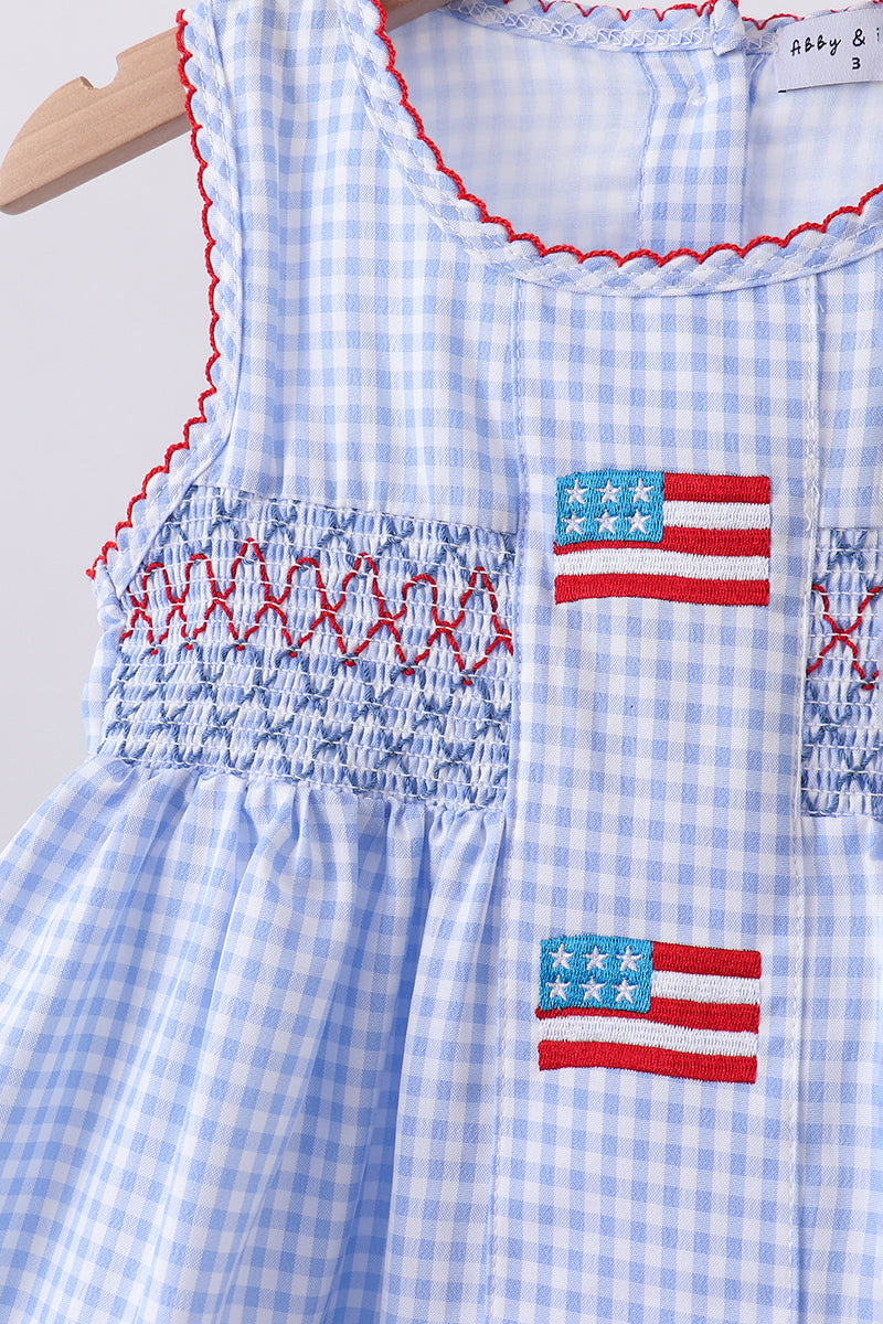 Blue flag smocked woven gingham ruffle shorts set