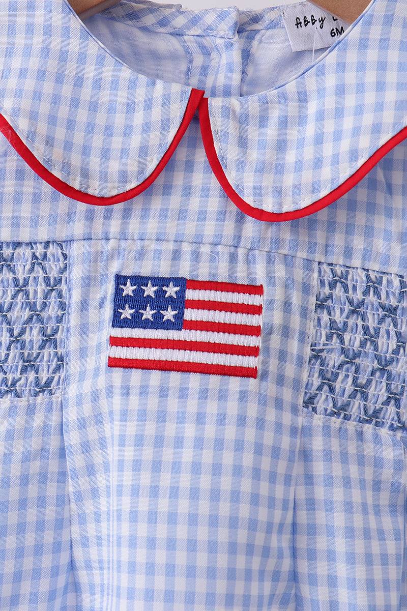 Blue flag smocked peter pan collar gingham bubble