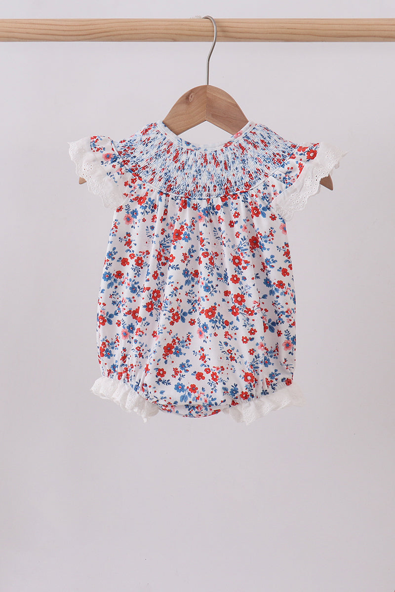 Blue floral lace smocked bubble