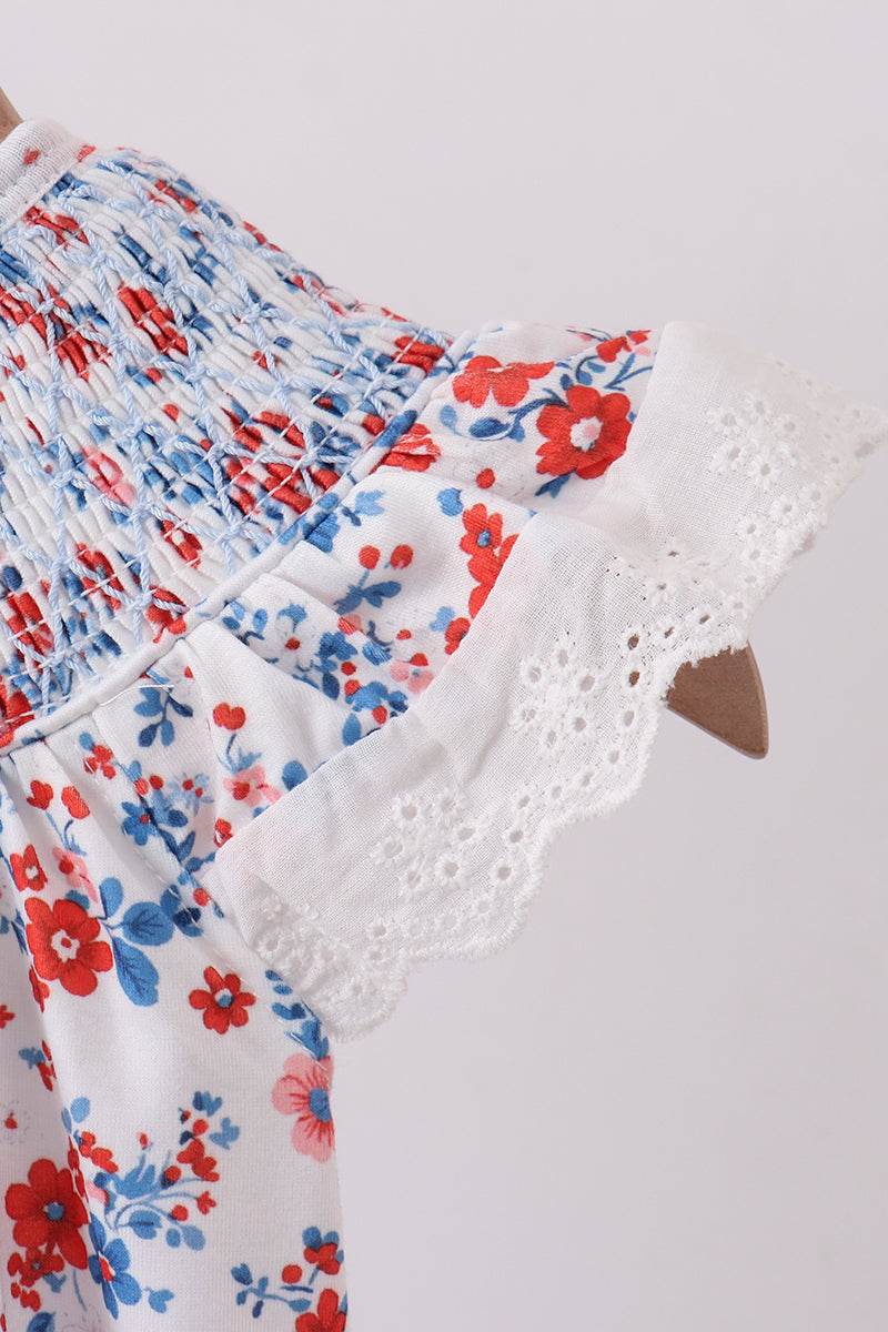 Blue floral lace smocked bubble