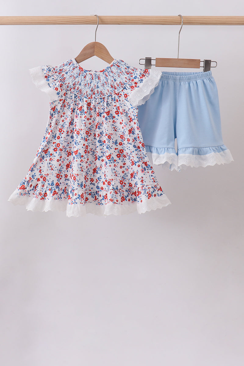 Blue floral lace smocked shorts set
