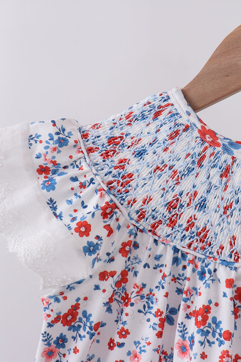 Blue floral lace smocked shorts set