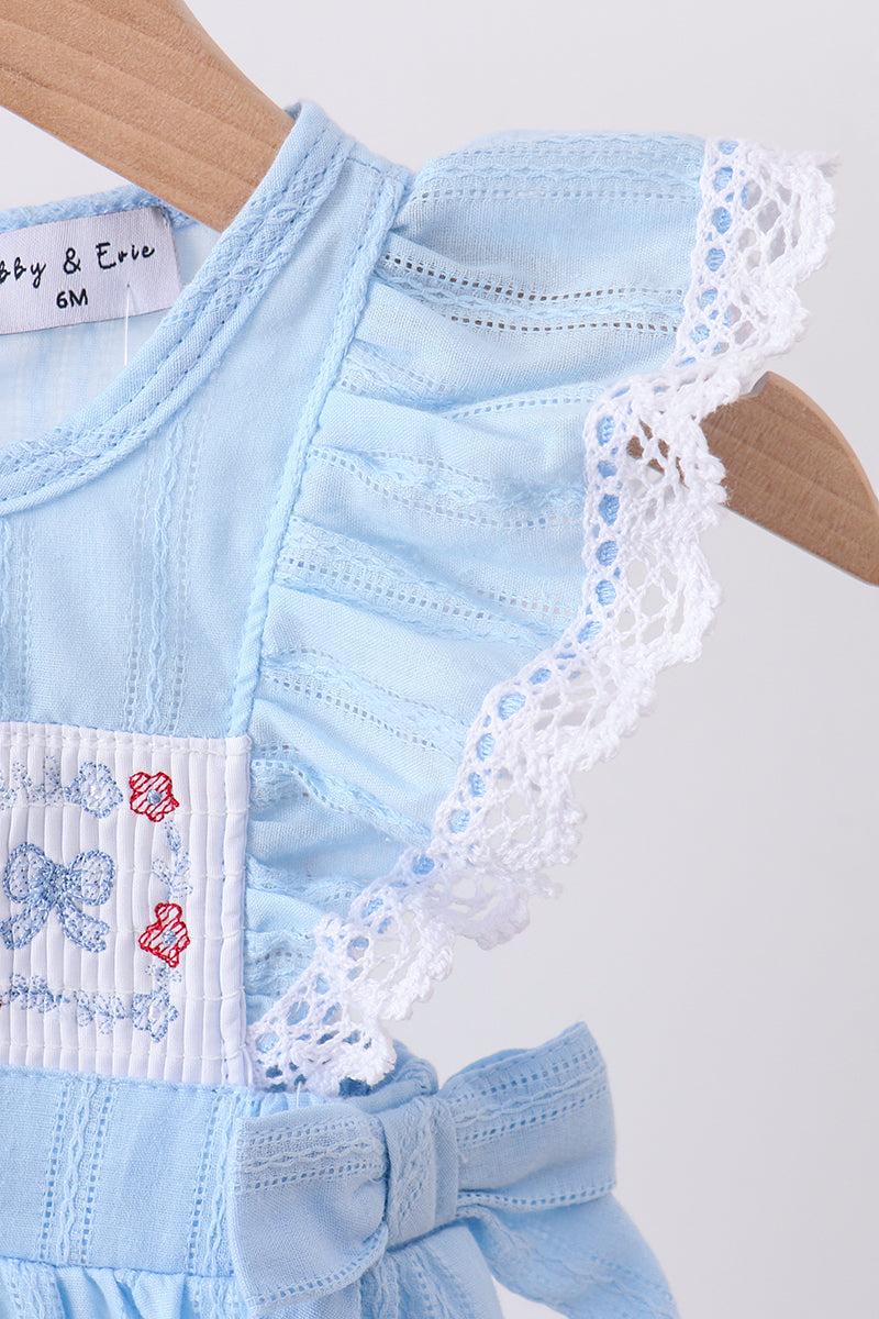 Blue flag smocked jacquard ruffle bubble