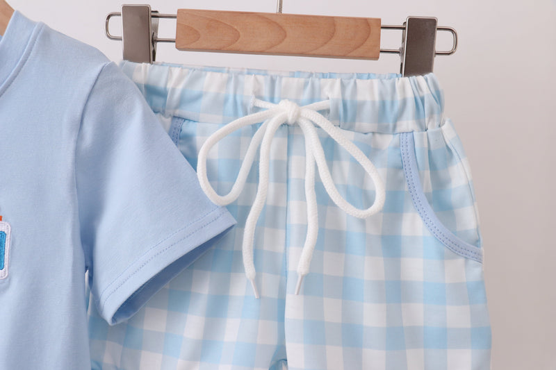 Blue Apple Embroidered Gingham Shorts Set