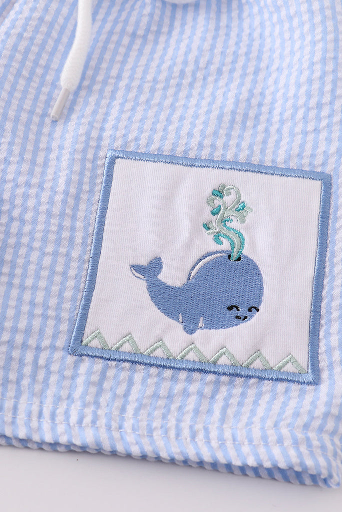Blue seersucker whale embroidery boy swim trunk