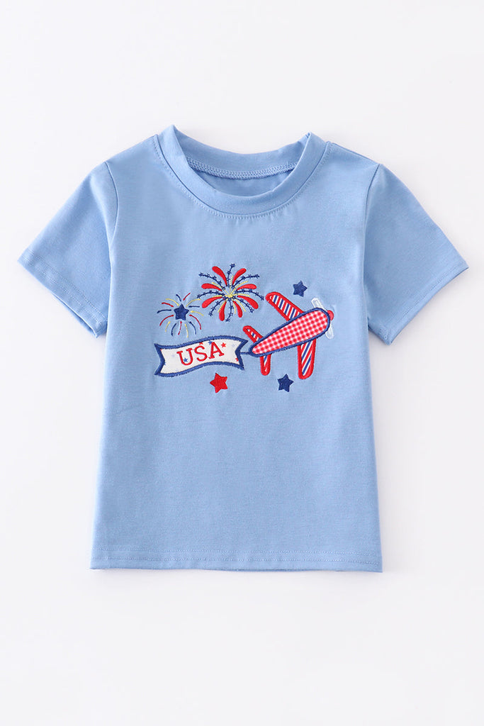 Blue patriotic airplane embroidery boy top