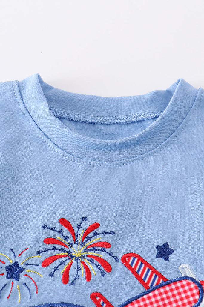 Blue patriotic airplane embroidery boy top