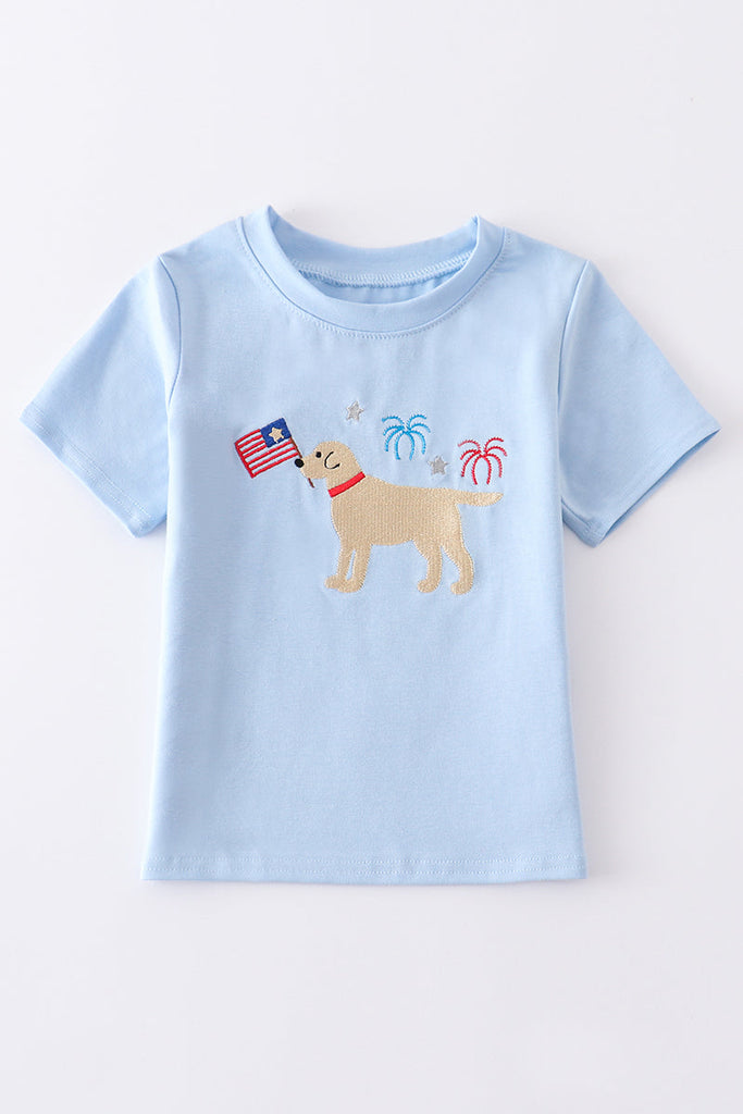 Blue patriotic dog flags embroidery boy top