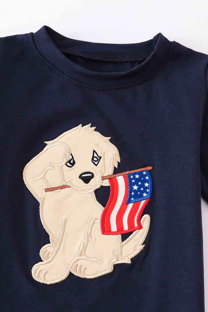 Navy patriotic dog applique boy top