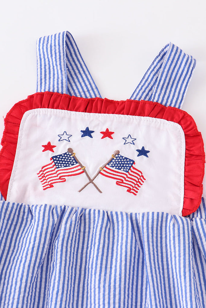 Blue patriotic seersucker flag embroidery girl set