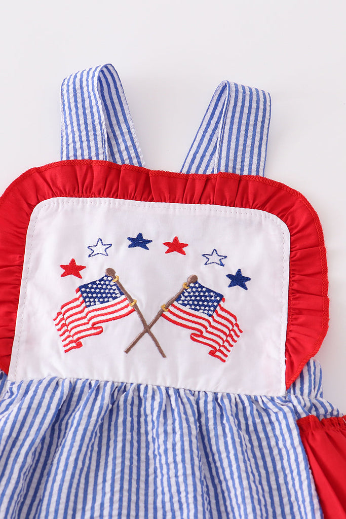 Blue patriotic seersucker flag embroidery girl bubble