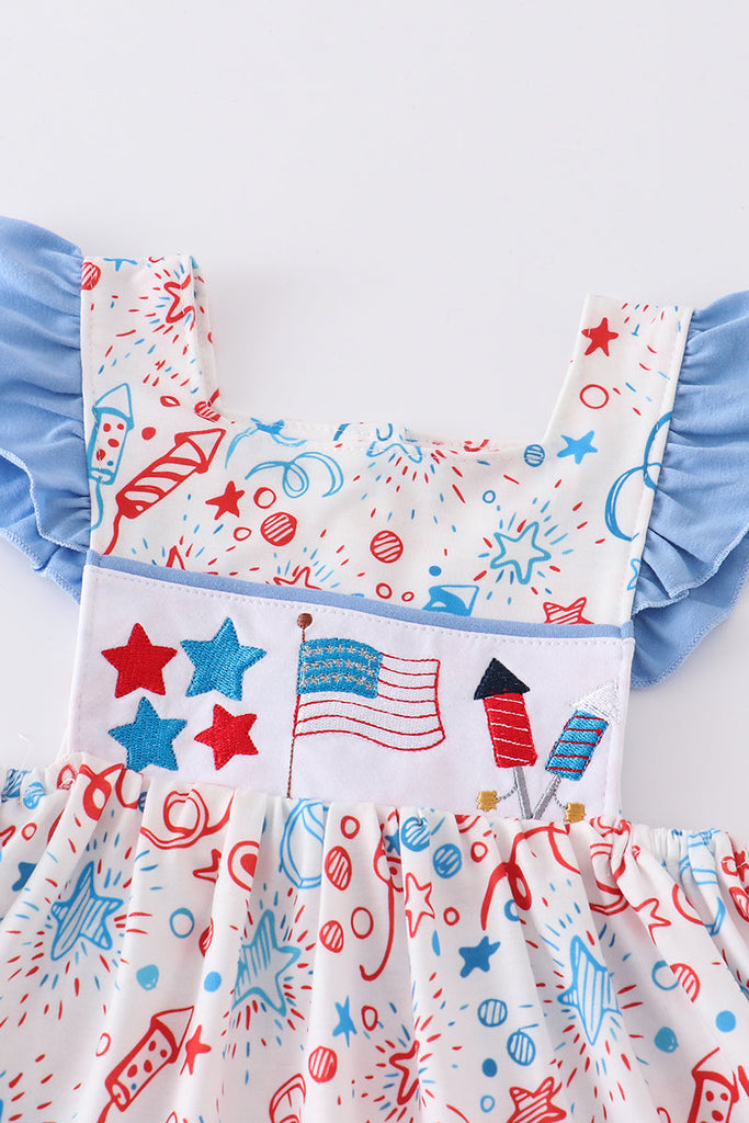 Blue patriotic flag embroidery ruffle dress