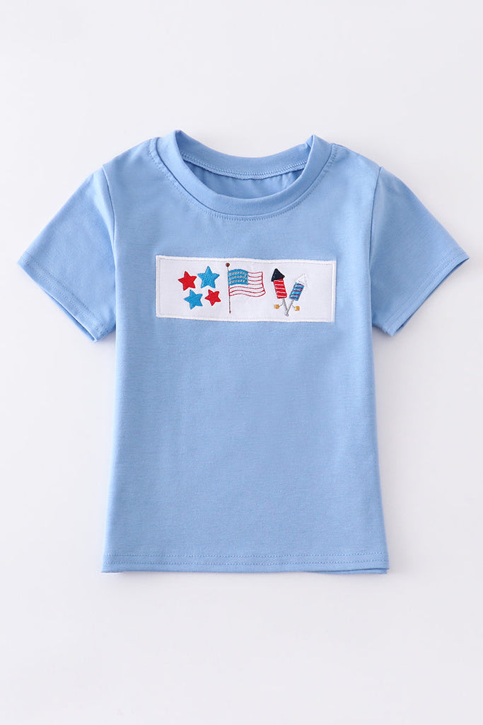 Blue patriotic flag embroidery boy top