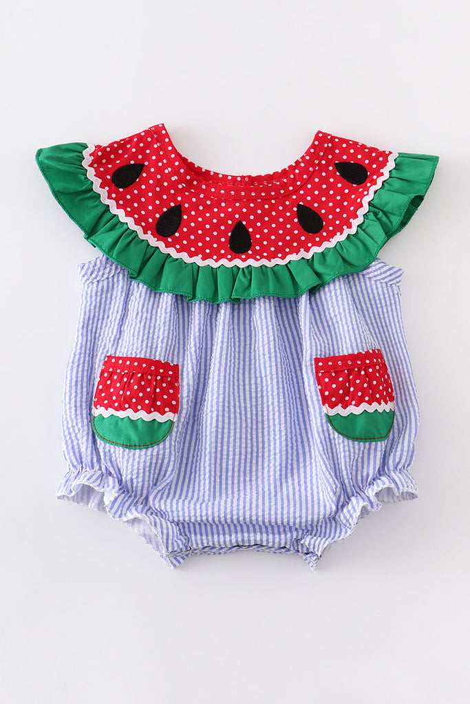 Watermelon embroidery stripe pocket girl bubble