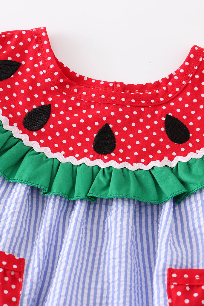 Watermelon embroidery stripe pocket girl bubble