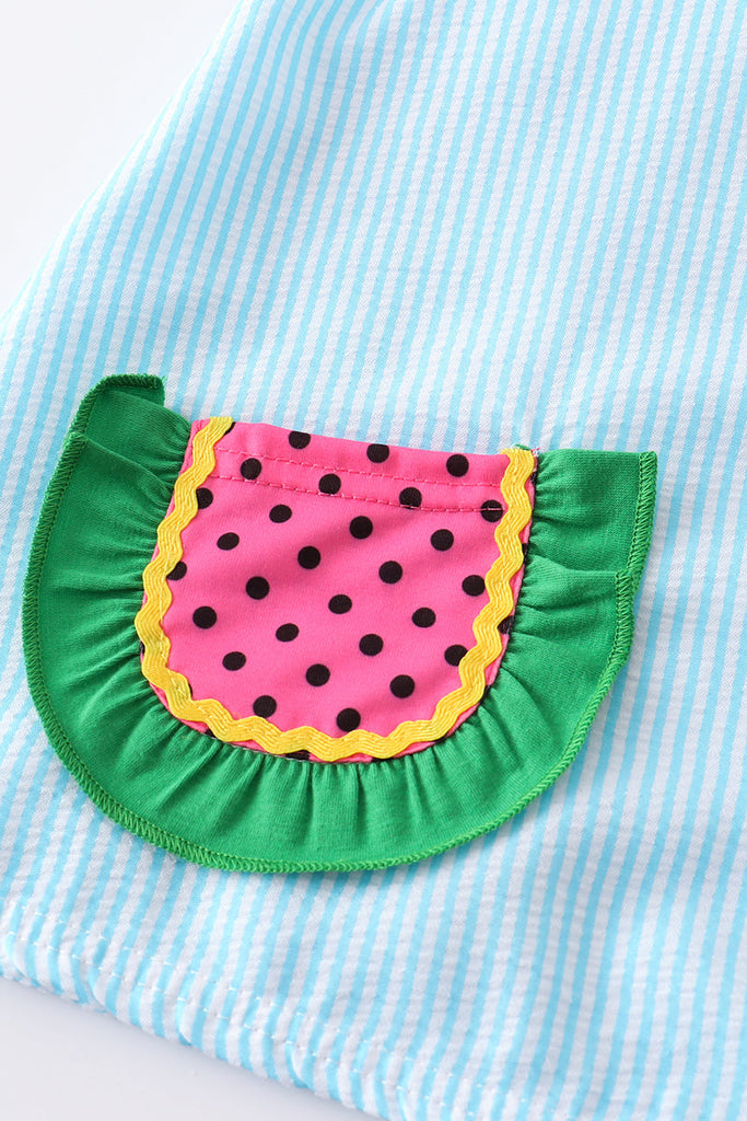 Green seersucker watermelon pocket girl set