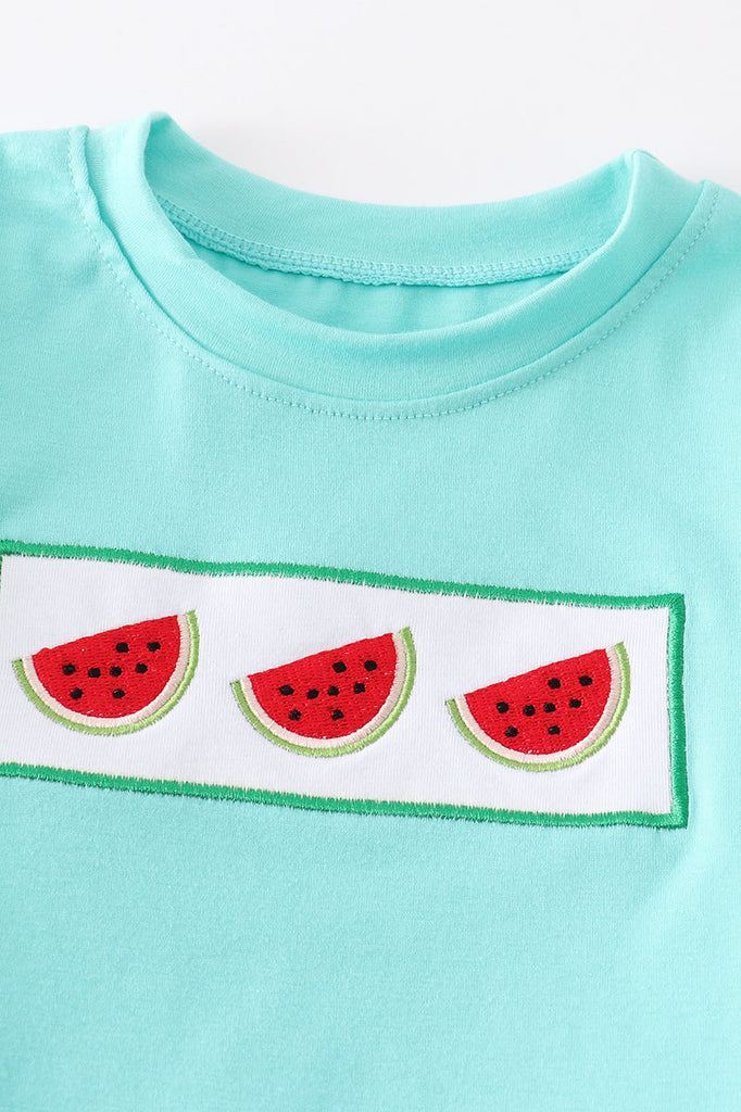 Green watermelon embroidery boy short set
