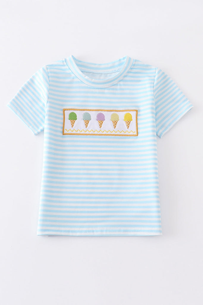 Blue stripe ice cream embroidery boy top