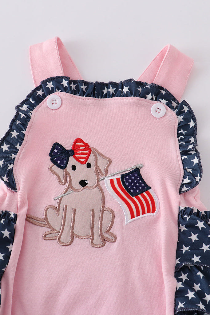 Pink patriotic dog flag applique girl bubble