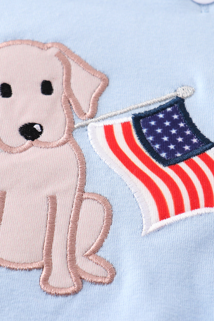 Blue patriotic dog flag applique boy bubble