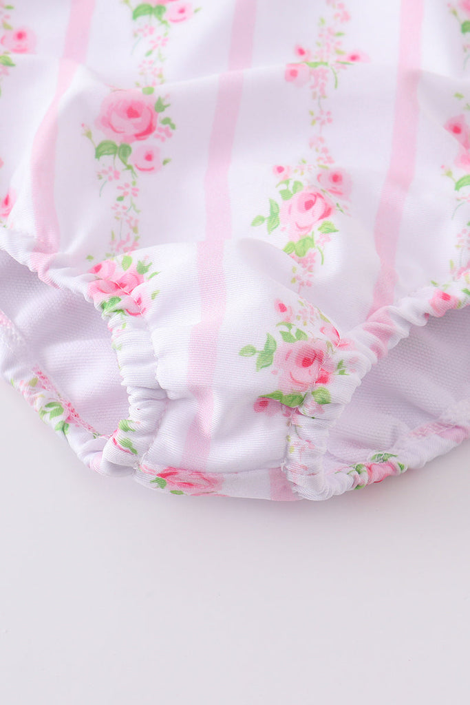 Pink floral print bow girl swimsuit