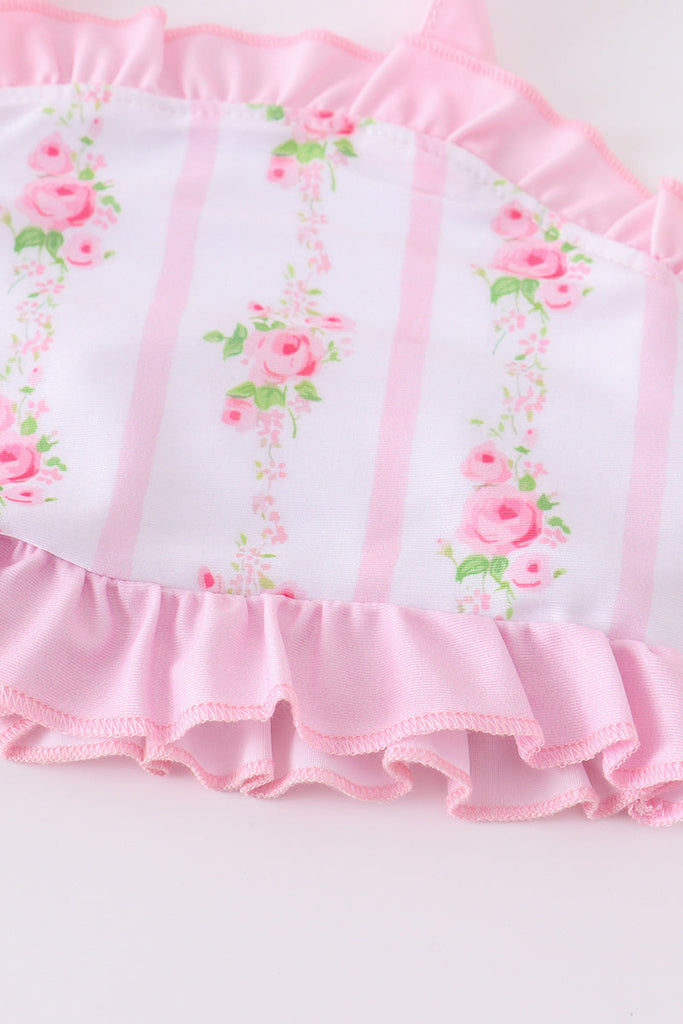 Pink floral print ruffle 2pc girl swimsuit