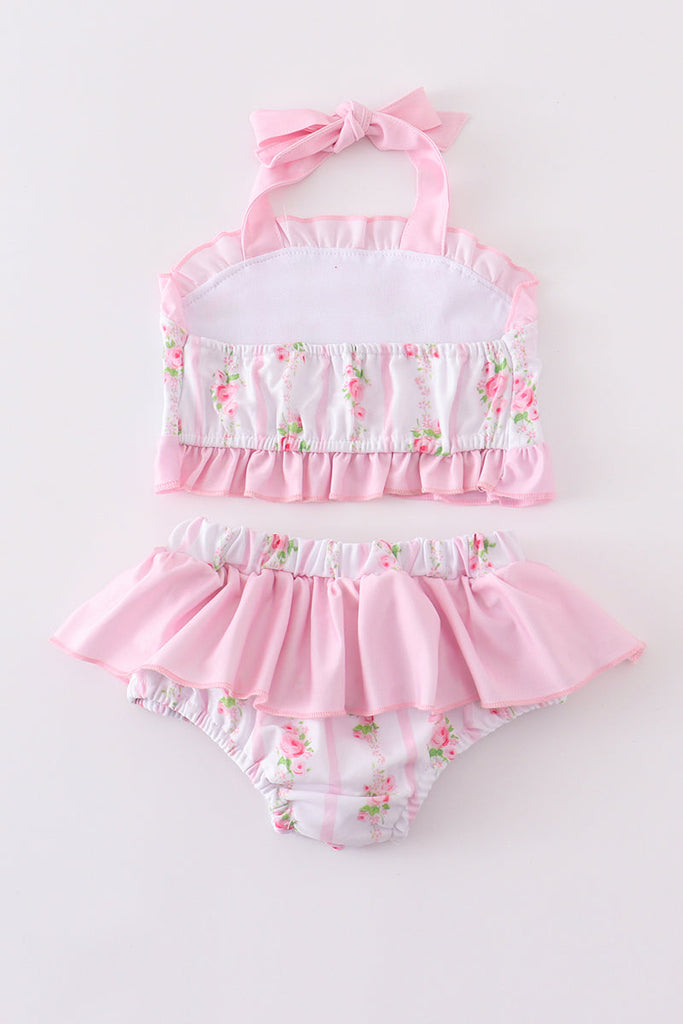 Pink floral print ruffle 2pc girl swimsuit