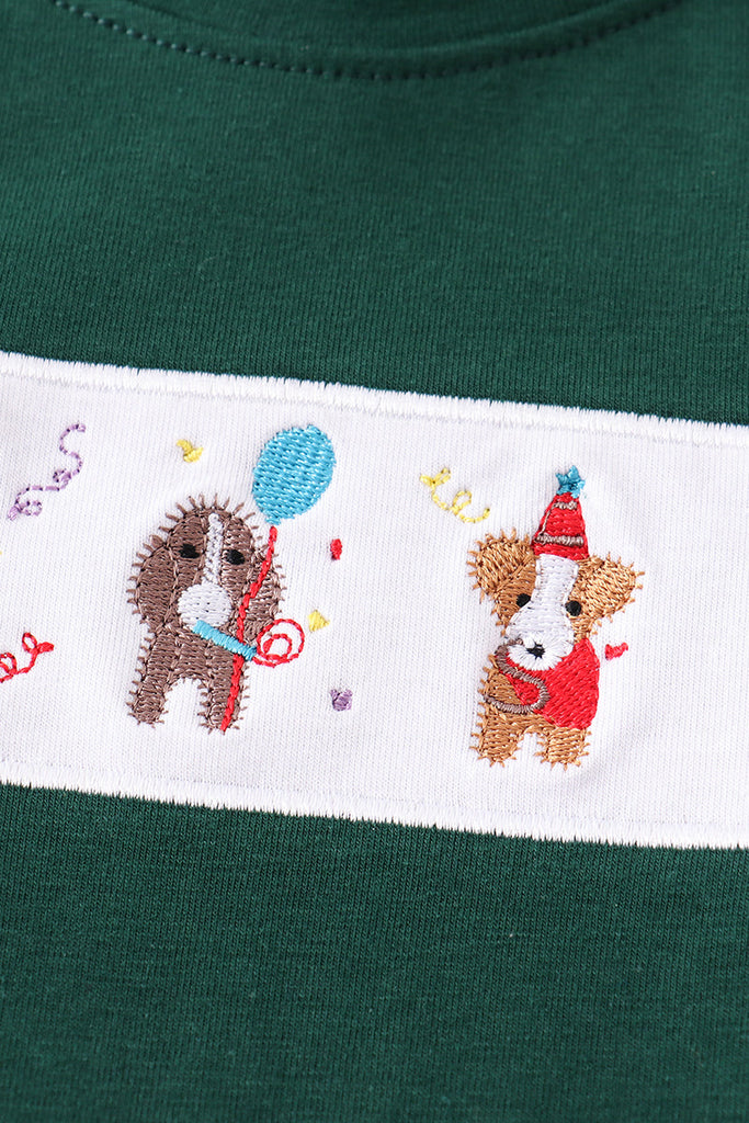 Green dog embroidery birthday boy top