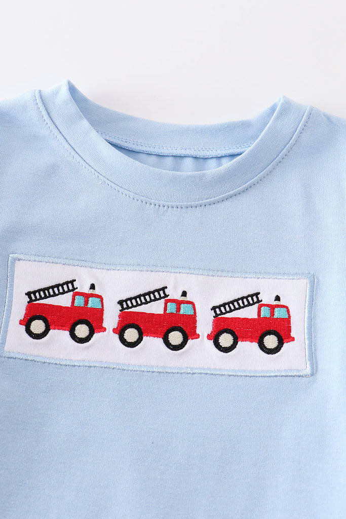 Blue fire engine embroidery boy top
