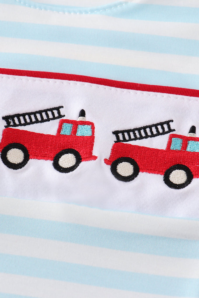 Blue fire engine embroidery stripe boy jonjon