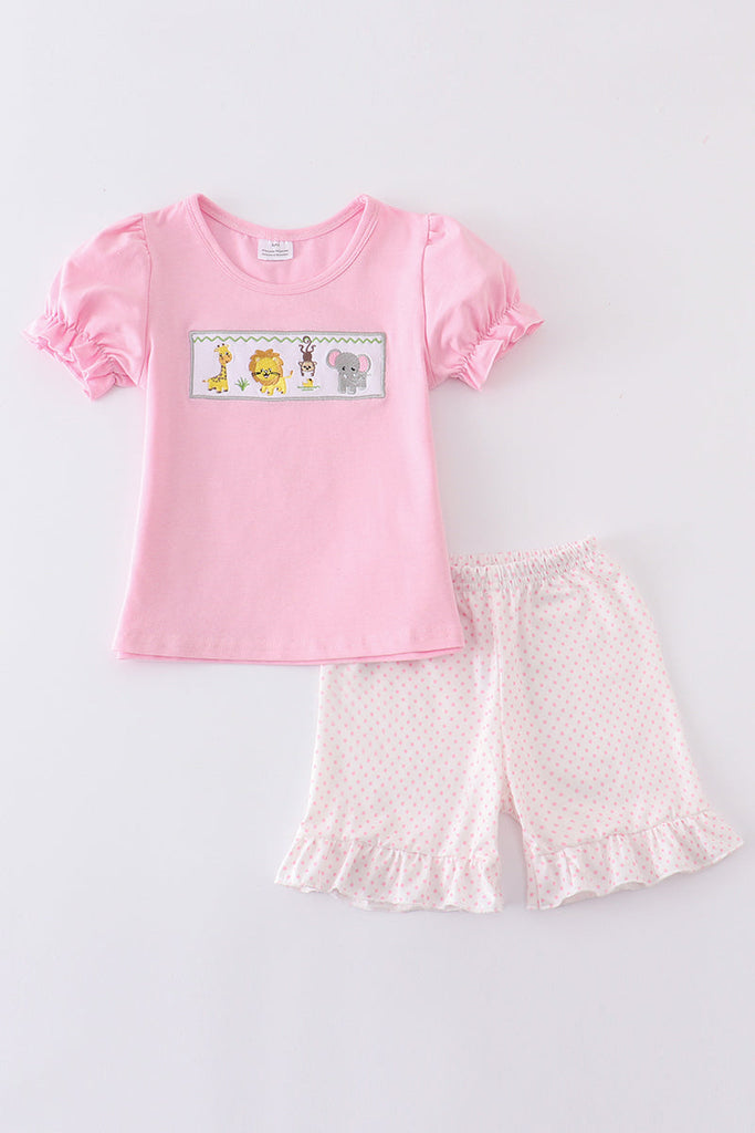 Pink animal embroidery puff sleeve girl set