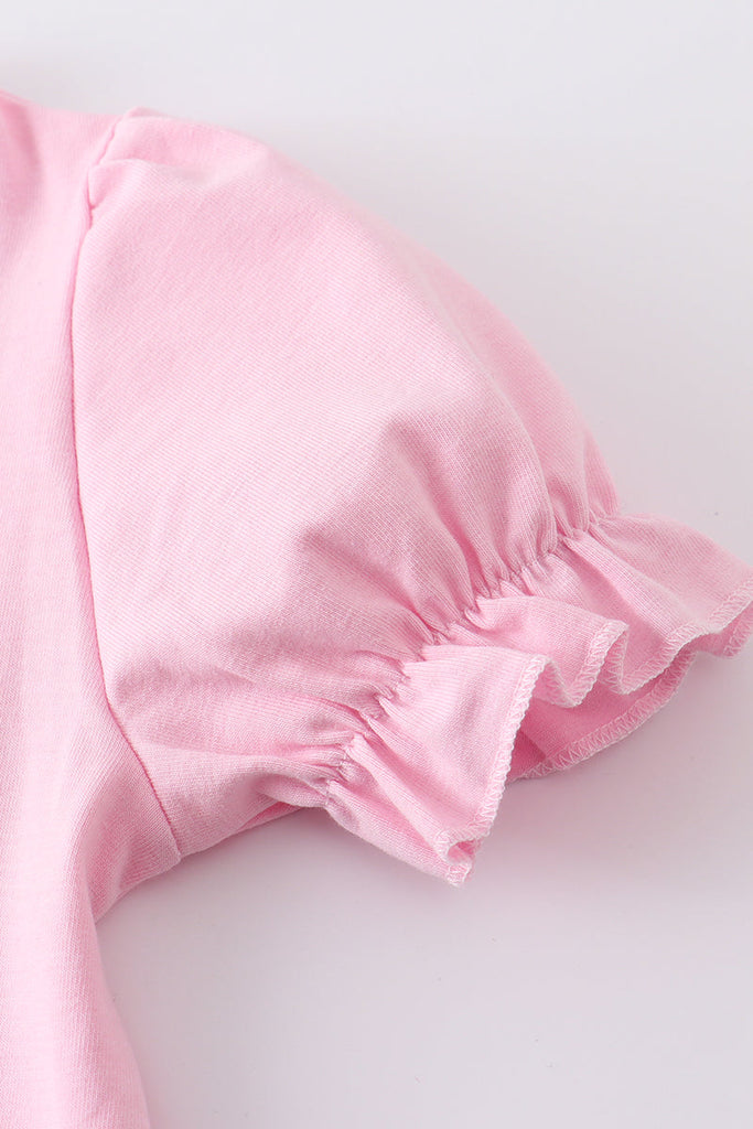 Pink animal embroidery puff sleeve girl set