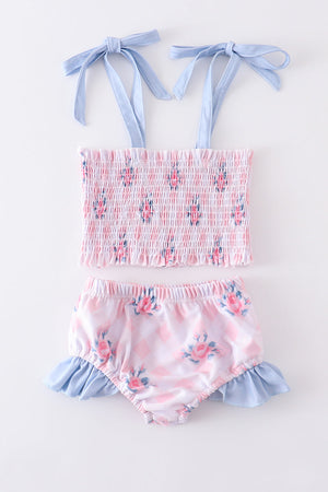 Pink floral print smocked girl 2pc swimsuit