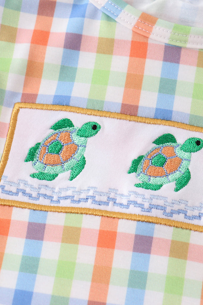 Turtle embroidery plaid ruffle girl set