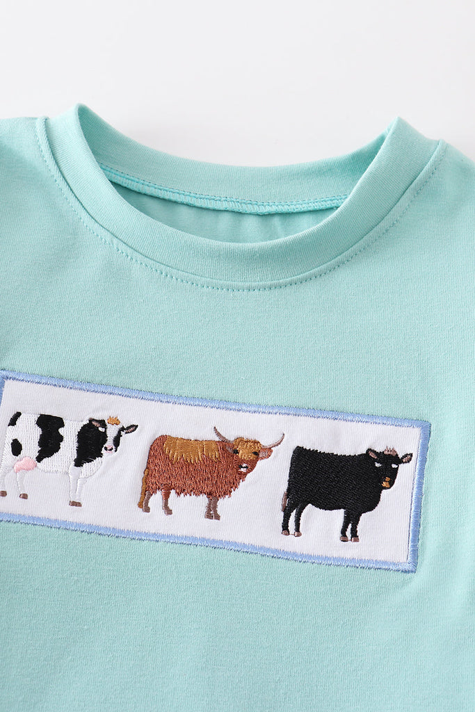 Blue cow embroidery boy top