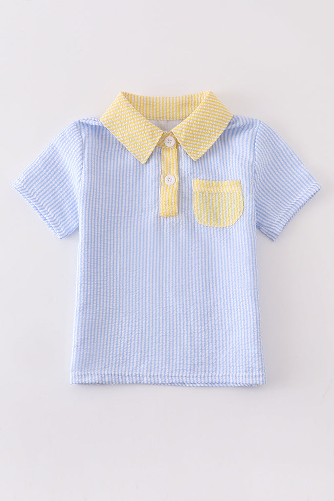 Blue seersuker pocket boy shirt