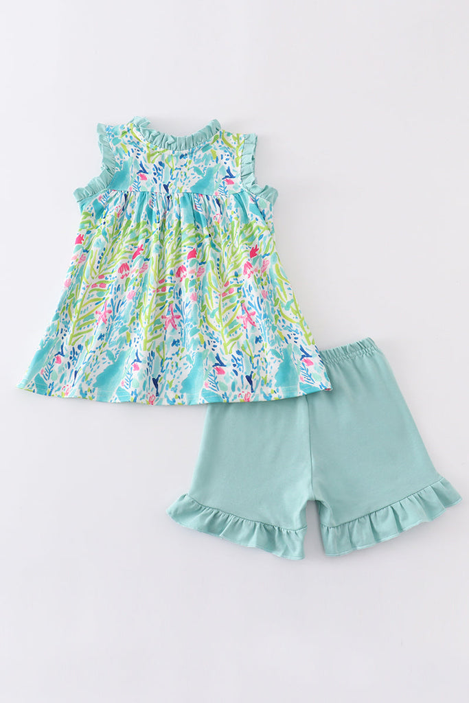Green floral print pocket girl dress set
