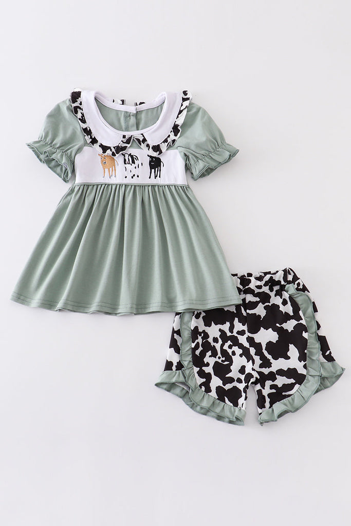 Green cows embroidery ruffle girl set