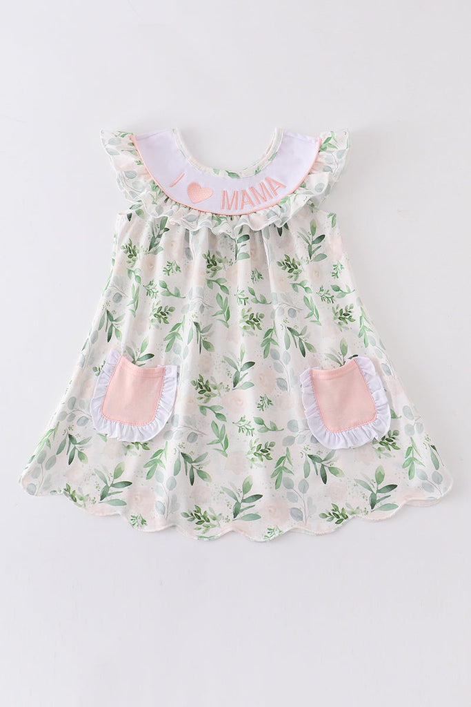 Floral I love MAMA embroidery scallop pocket dress