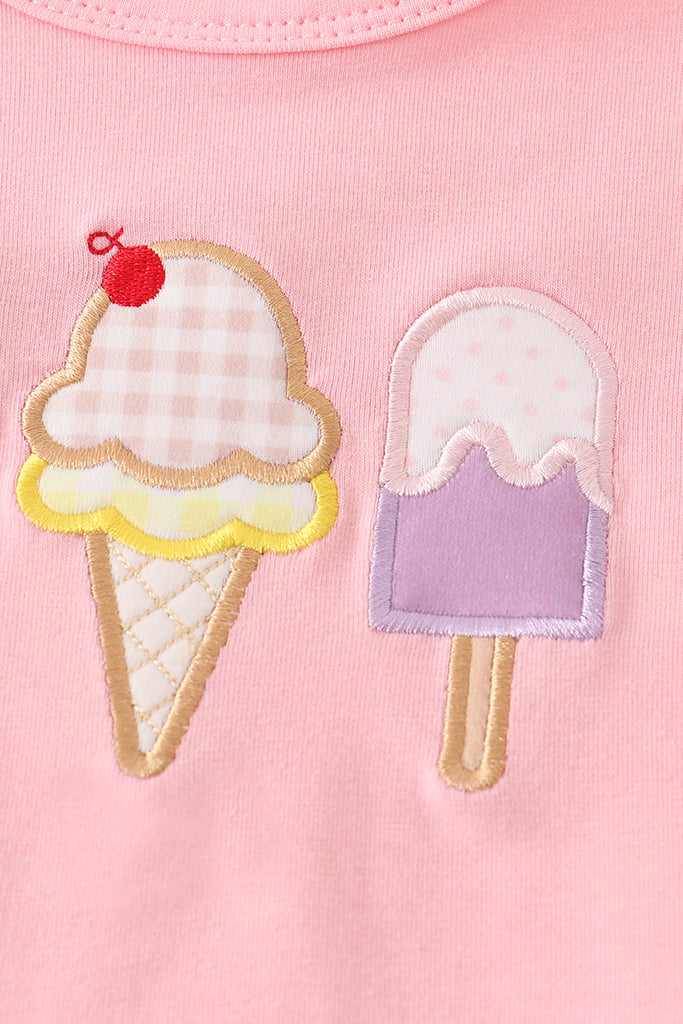 Pink ice cream applique ruffle plaid girl set