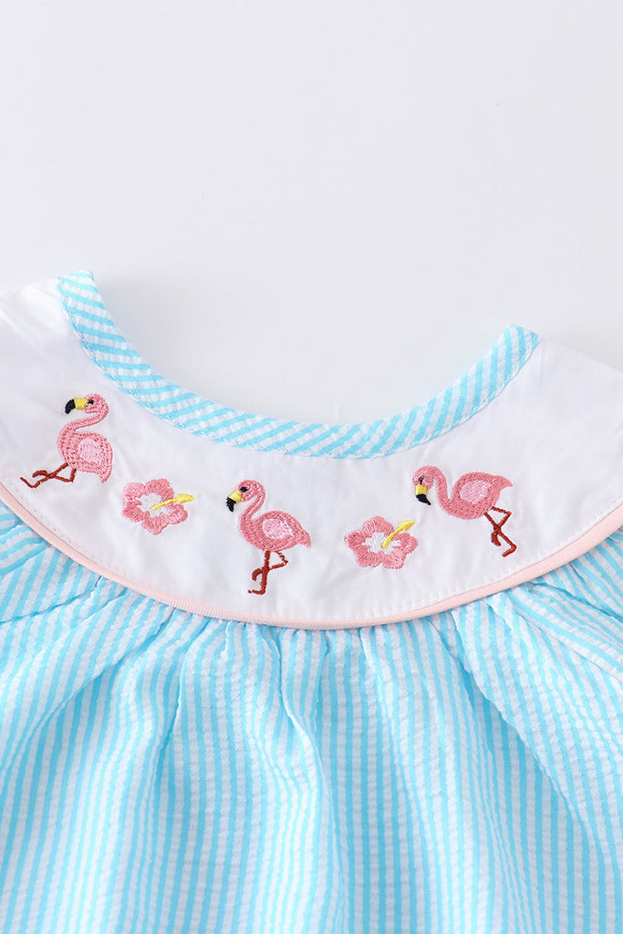 Blue flamingo embroidery ruffle girl short set