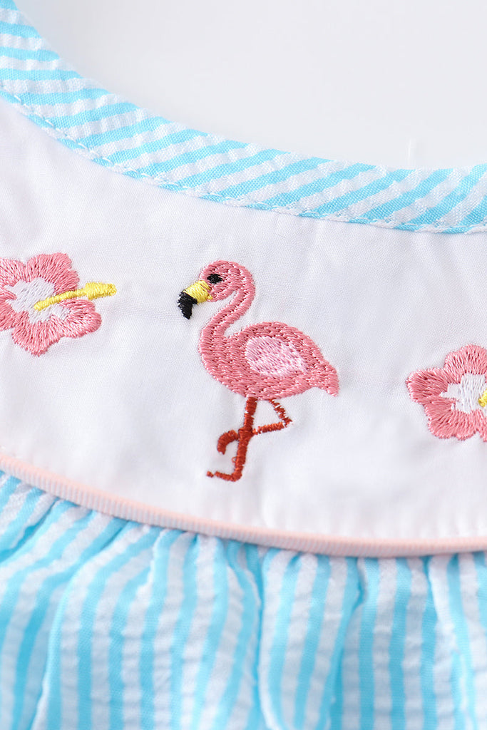 Blue flamingo embroidery ruffle girl short set