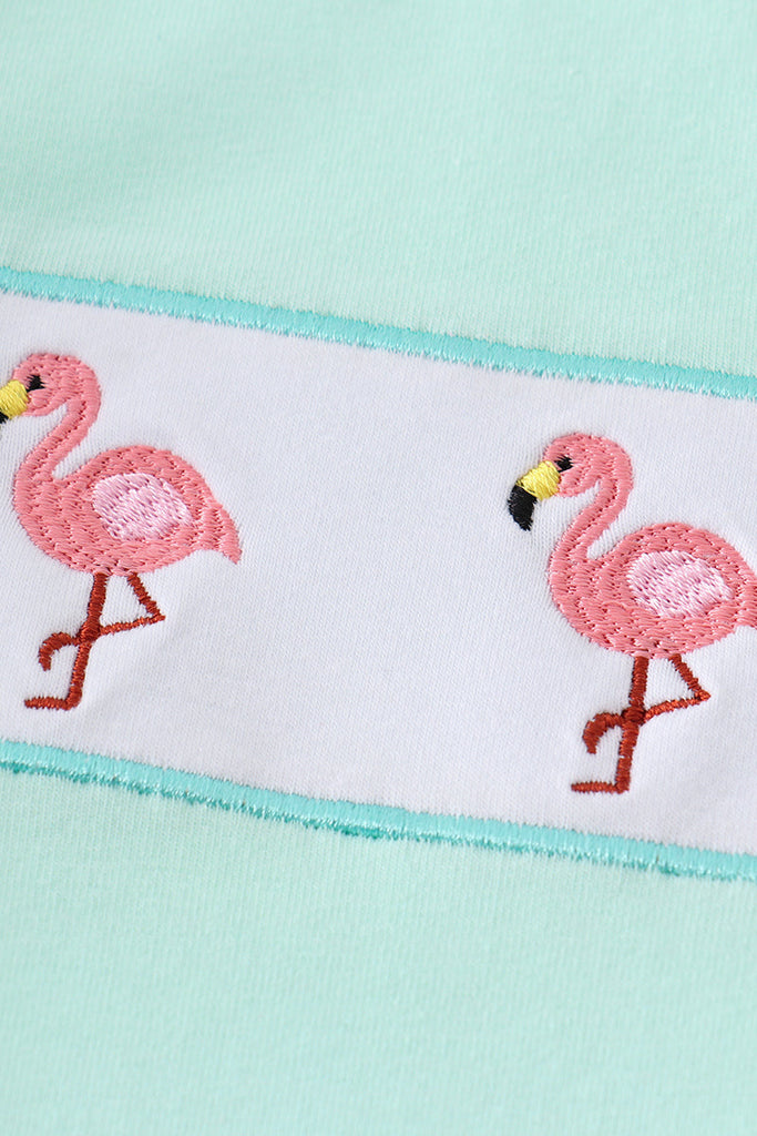 Green flamingo embroidery plaid boy short set