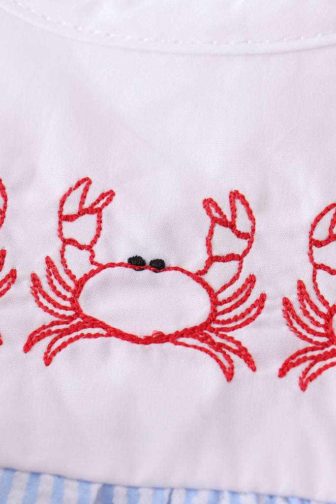 Blue seersucker crab embroidery girl bubble