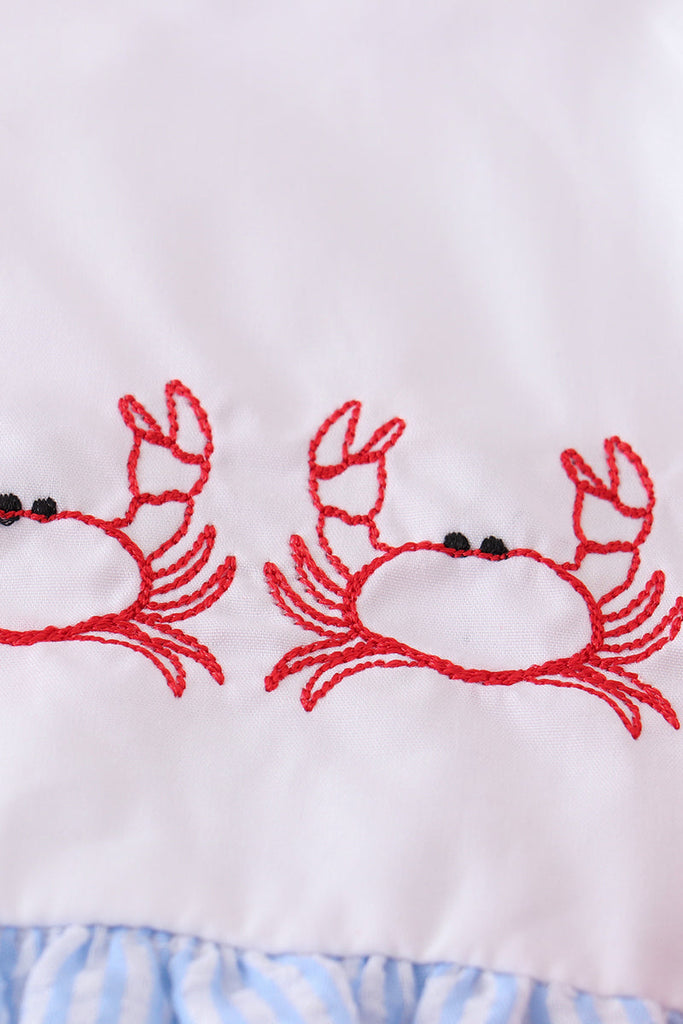 Blue seersucker crab embroidery girl set