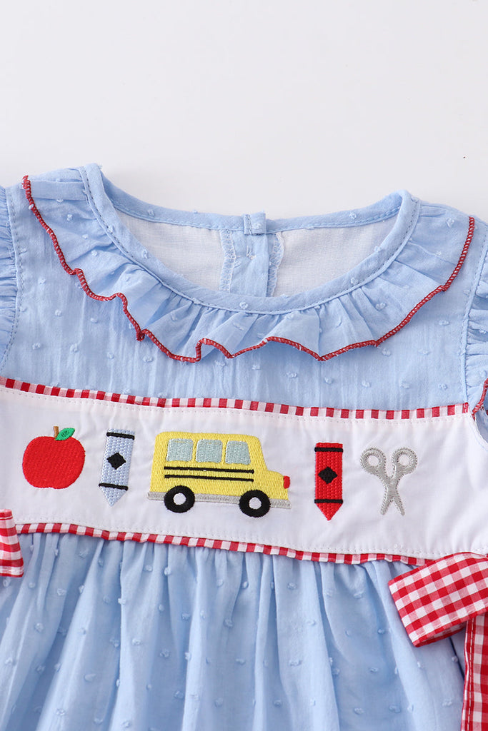 Blue dot back to school embroidery dress