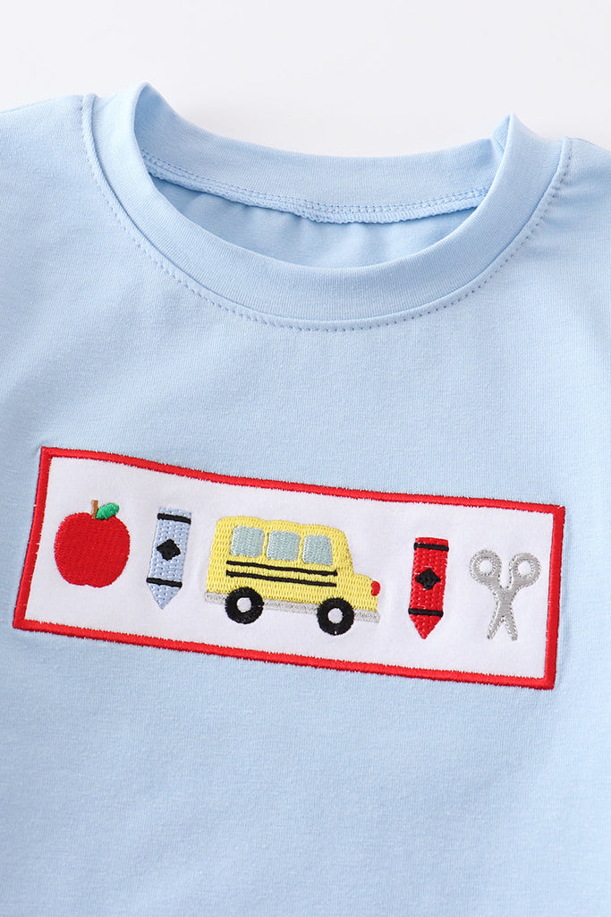 Blue back to school embroidery boy top