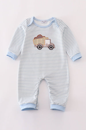 Blue stripe muck car applique boy romper