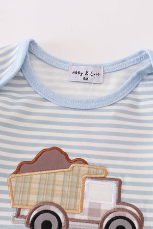 Blue stripe muck car applique boy romper